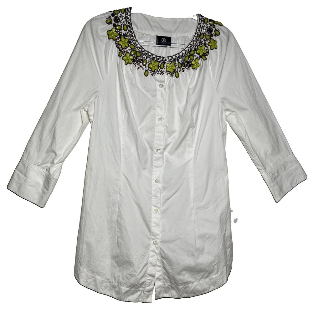 Bogner White Embellished Green Floral Beaded Button Down Top Women's Size 8
